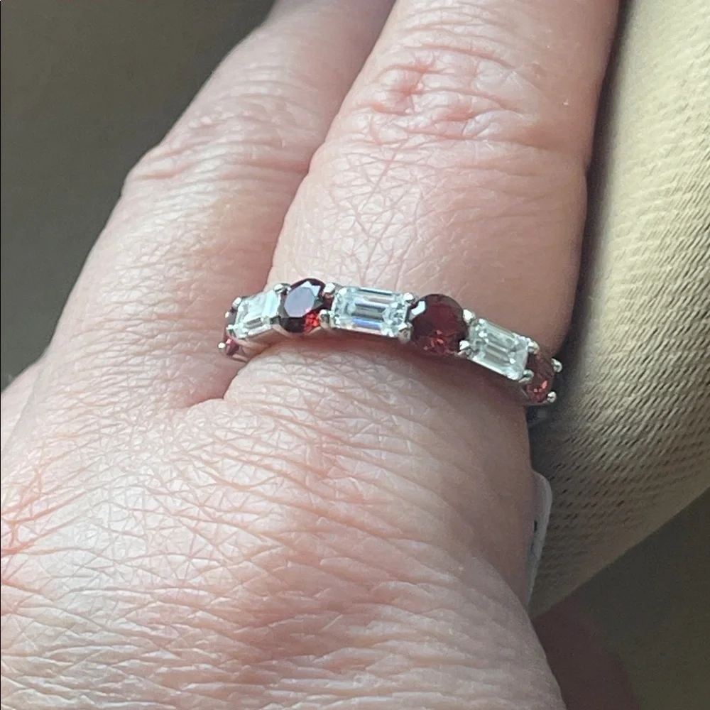 Natural Garnet & Moissanite Half Eternity Ring in 925 Sterling Silver Size 8